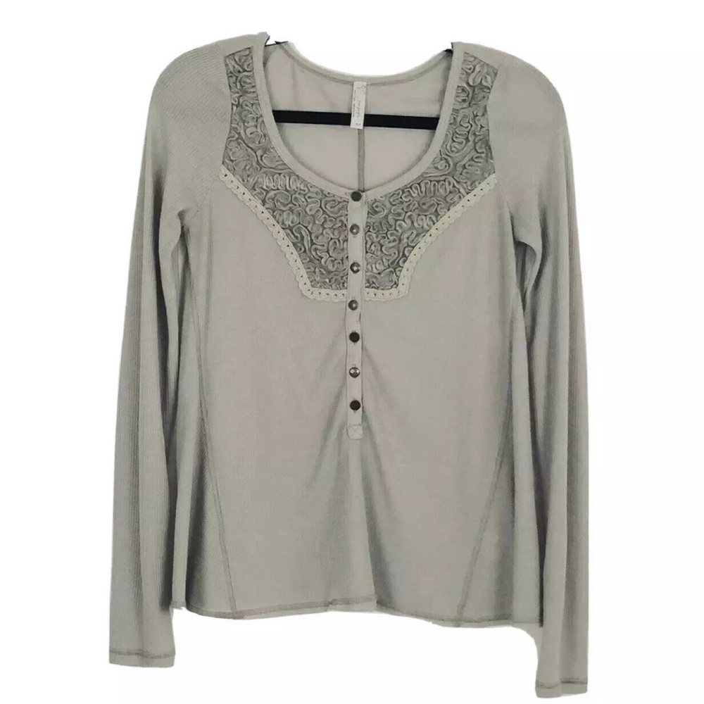 Free People Embroidered Henley Top Long Sleeves Tan Sz S